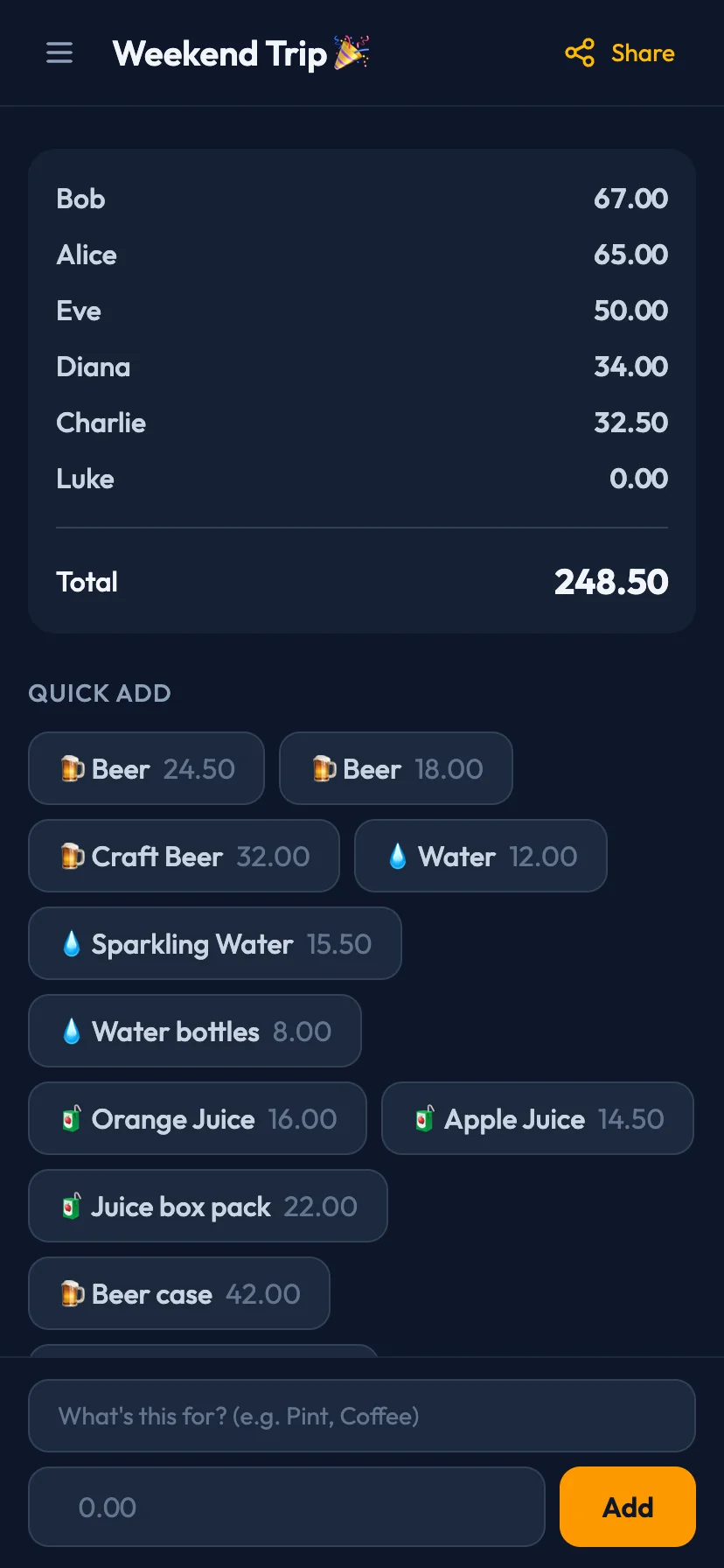Main expense view showing shared expenses and totals